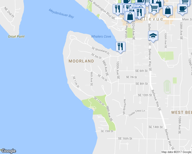 map of restaurants, bars, coffee shops, grocery stores, and more near 9609 Southeast 7th Street in Bellevue
