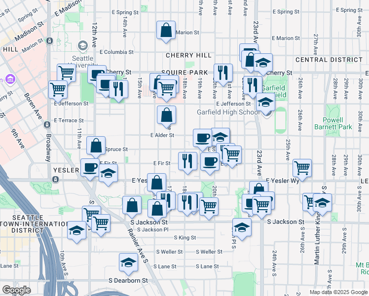 map of restaurants, bars, coffee shops, grocery stores, and more near 1815 East Alder Street in Seattle