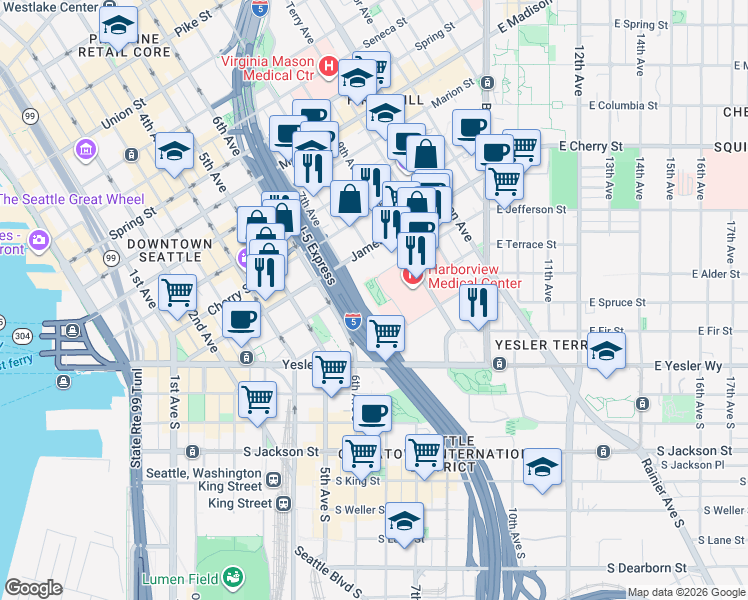 map of restaurants, bars, coffee shops, grocery stores, and more near in Seattle