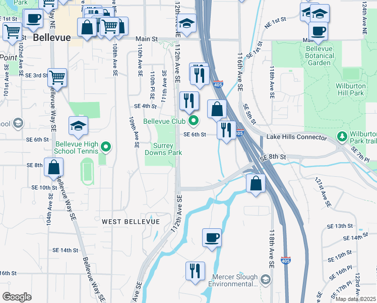 map of restaurants, bars, coffee shops, grocery stores, and more near 11235 Southeast 6th Street in Bellevue