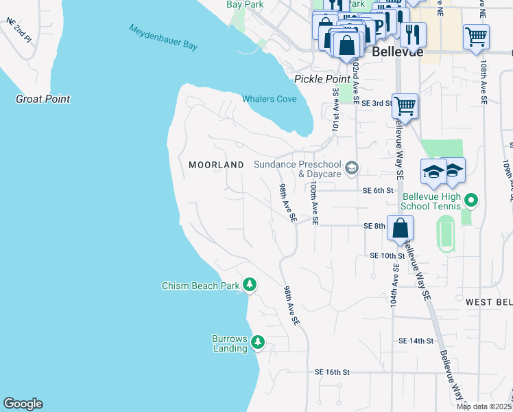 map of restaurants, bars, coffee shops, grocery stores, and more near 9609 Southeast 7th Street in Bellevue