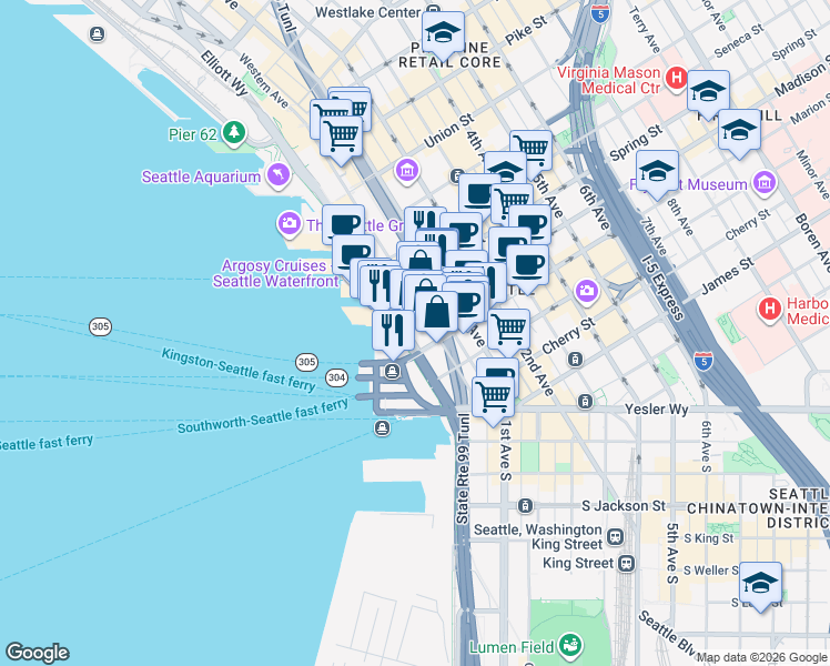 map of restaurants, bars, coffee shops, grocery stores, and more near 900 Western Avenue in Seattle