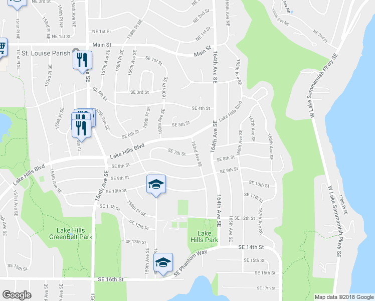 map of restaurants, bars, coffee shops, grocery stores, and more near 16239 Lake Hills Boulevard in Bellevue