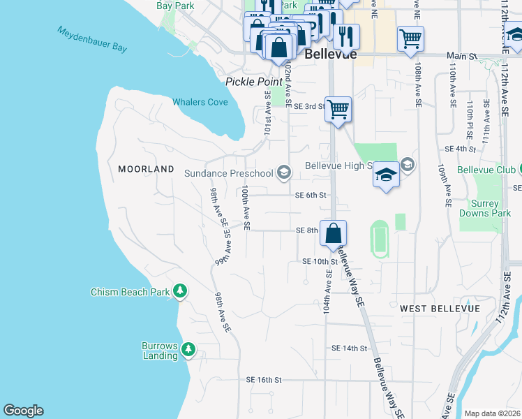map of restaurants, bars, coffee shops, grocery stores, and more near 640 100th Avenue Southeast in Bellevue