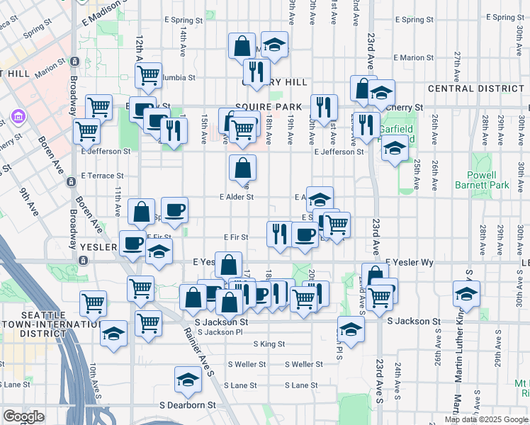 map of restaurants, bars, coffee shops, grocery stores, and more near 1815 East Alder Street in Seattle