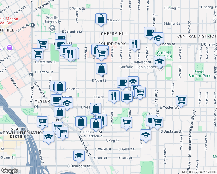 map of restaurants, bars, coffee shops, grocery stores, and more near 212 17th Avenue in Seattle