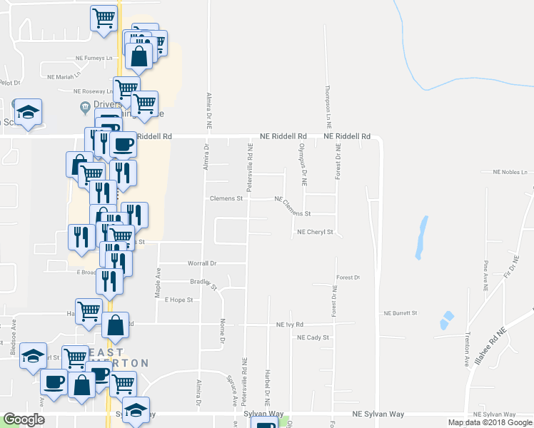 map of restaurants, bars, coffee shops, grocery stores, and more near 4126 Petersville Road Northeast in Bremerton