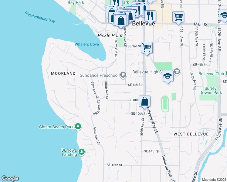 map of restaurants, bars, coffee shops, grocery stores, and more near 640 100th Avenue Southeast in Bellevue