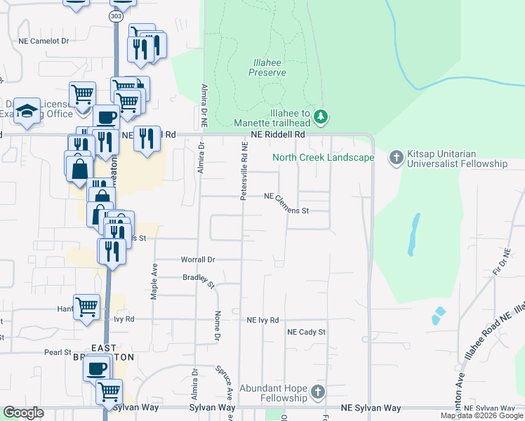 map of restaurants, bars, coffee shops, grocery stores, and more near 4126 Petersville Road Northeast in Bremerton