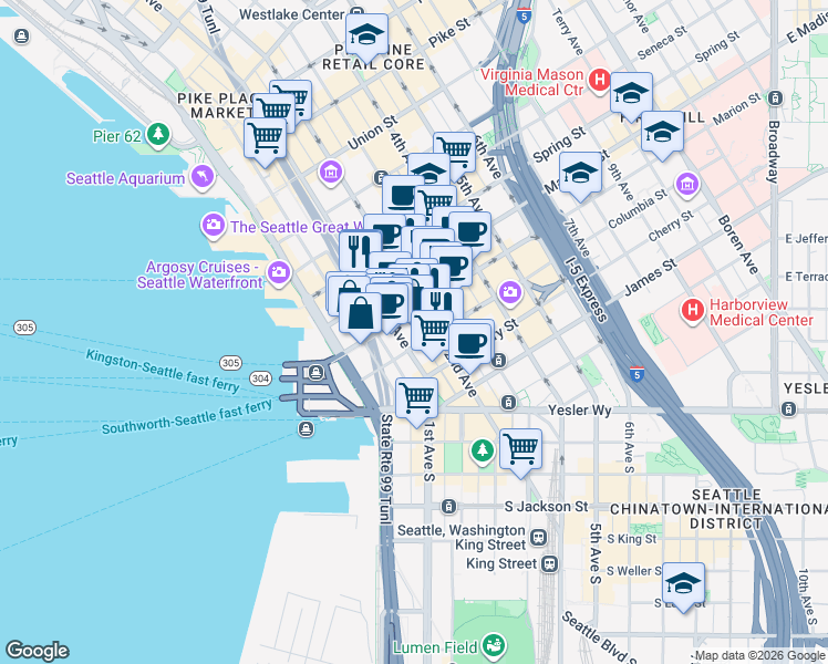 map of restaurants, bars, coffee shops, grocery stores, and more near 801 2nd Avenue in Seattle