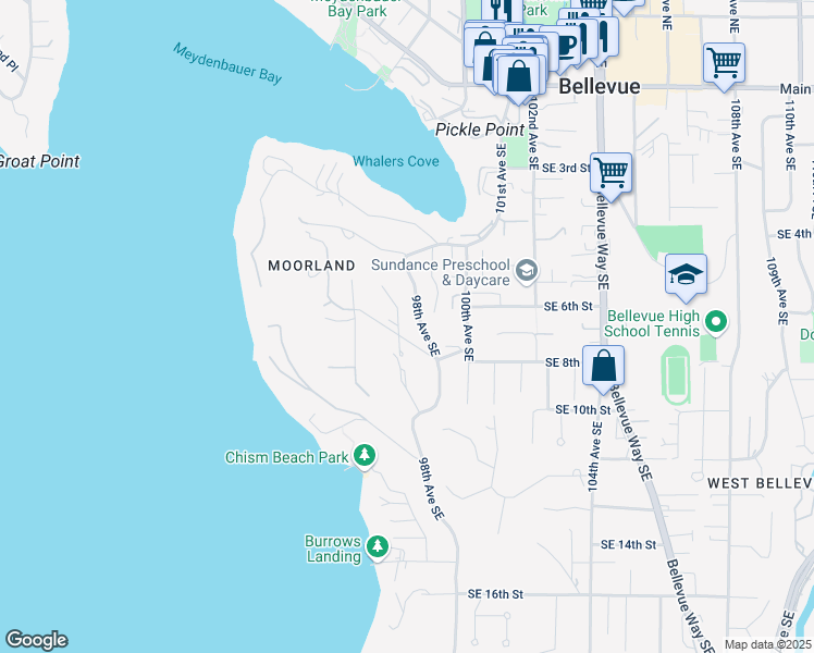 map of restaurants, bars, coffee shops, grocery stores, and more near 611 97th Place Southeast in Bellevue