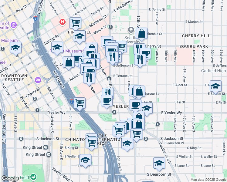 map of restaurants, bars, coffee shops, grocery stores, and more near in Seattle