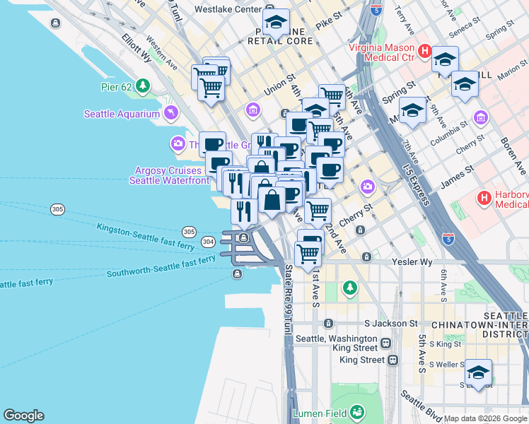 map of restaurants, bars, coffee shops, grocery stores, and more near 911 Western Avenue in Seattle