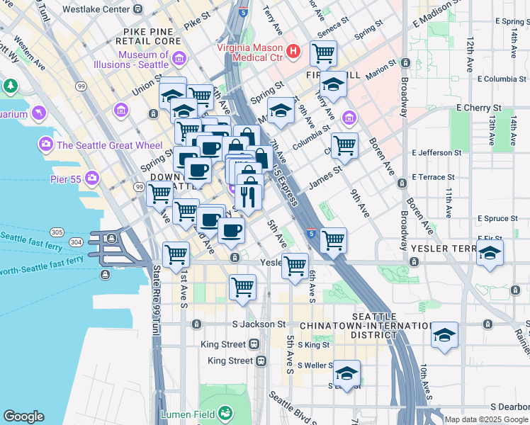 map of restaurants, bars, coffee shops, grocery stores, and more near 612 5th Avenue in Seattle