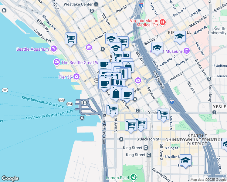 map of restaurants, bars, coffee shops, grocery stores, and more near 804 2nd Avenue in Seattle