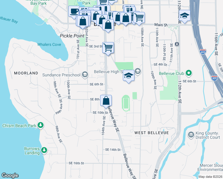 map of restaurants, bars, coffee shops, grocery stores, and more near 606 Bellevue Way Southeast in Bellevue