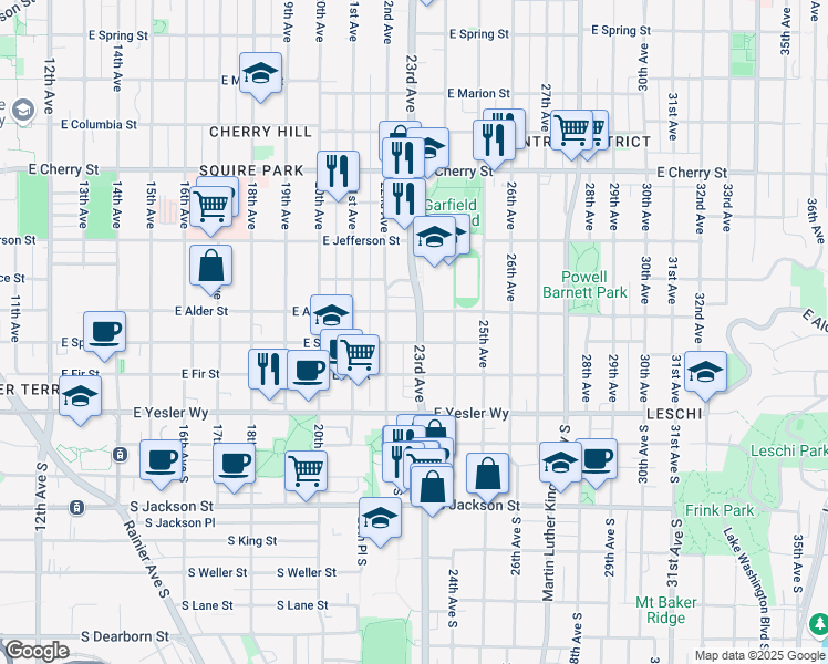 map of restaurants, bars, coffee shops, grocery stores, and more near 217 23rd Avenue in Seattle