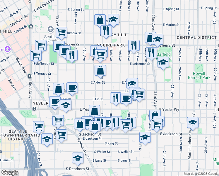 map of restaurants, bars, coffee shops, grocery stores, and more near 1815 East Alder Street in Seattle