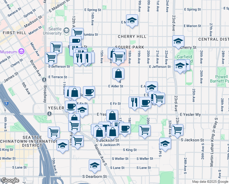 map of restaurants, bars, coffee shops, grocery stores, and more near 213 16th Avenue in Seattle