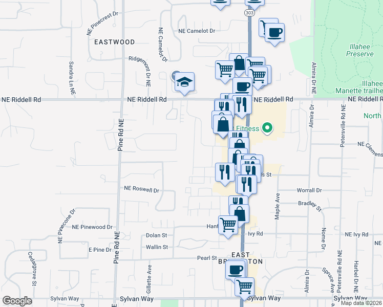 map of restaurants, bars, coffee shops, grocery stores, and more near 530 Northeast David Drive in Bremerton
