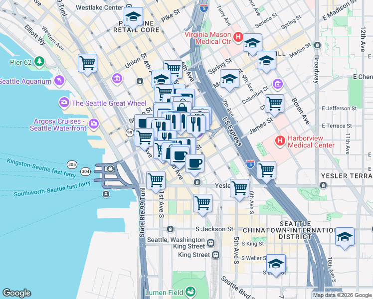 map of restaurants, bars, coffee shops, grocery stores, and more near 706 3rd Avenue in Seattle