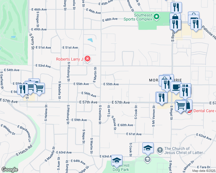 map of restaurants, bars, coffee shops, grocery stores, and more near 2109 East 56th Court in Spokane
