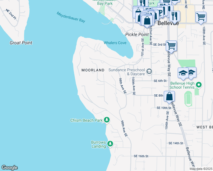 map of restaurants, bars, coffee shops, grocery stores, and more near 9609 Southeast 7th Street in Bellevue