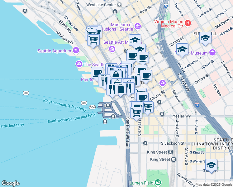 map of restaurants, bars, coffee shops, grocery stores, and more near 911 Western Avenue in Seattle