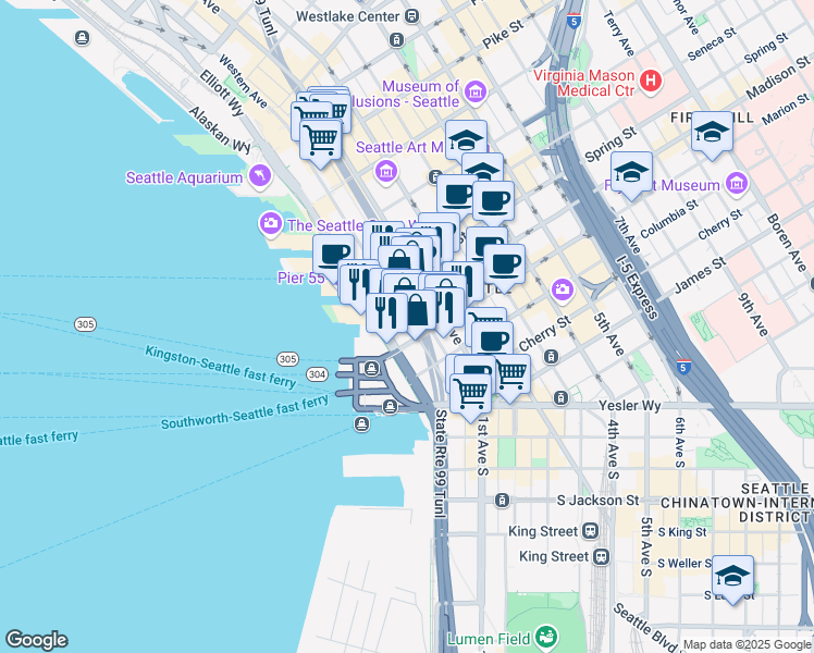 map of restaurants, bars, coffee shops, grocery stores, and more near 911 Western Avenue in Seattle