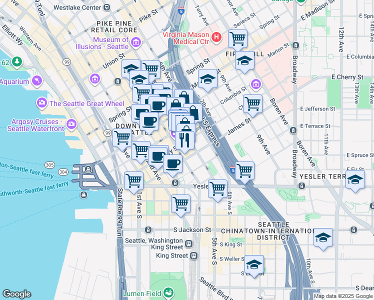 map of restaurants, bars, coffee shops, grocery stores, and more near 600 4th Avenue in Seattle