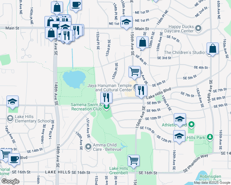 map of restaurants, bars, coffee shops, grocery stores, and more near 15424 Southeast 7th Place in Bellevue