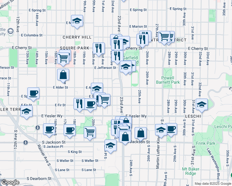 map of restaurants, bars, coffee shops, grocery stores, and more near 217 23rd Avenue in Seattle