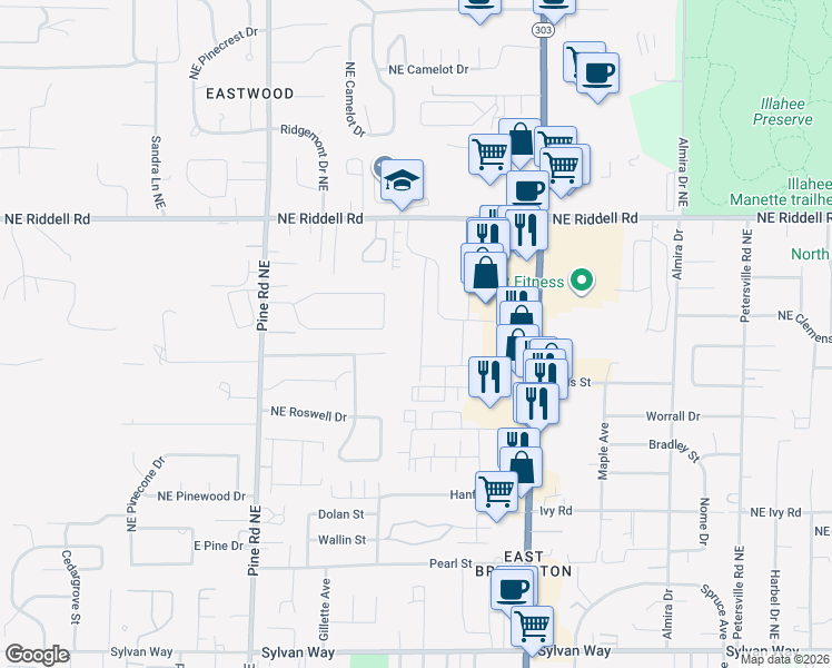 map of restaurants, bars, coffee shops, grocery stores, and more near 530 Northeast David Drive in Bremerton