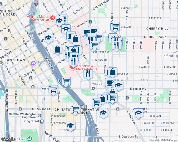 map of restaurants, bars, coffee shops, grocery stores, and more near 224 Broadway in Seattle