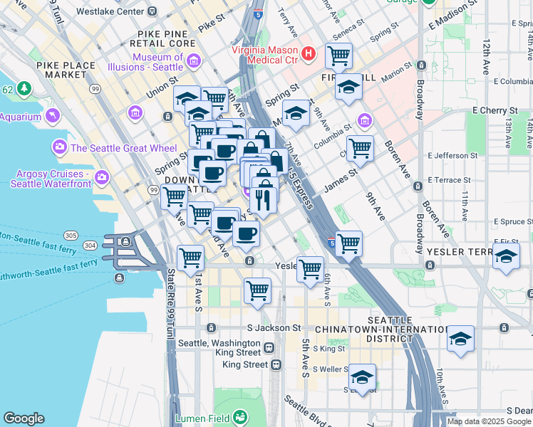 map of restaurants, bars, coffee shops, grocery stores, and more near 600 4th Avenue in Seattle