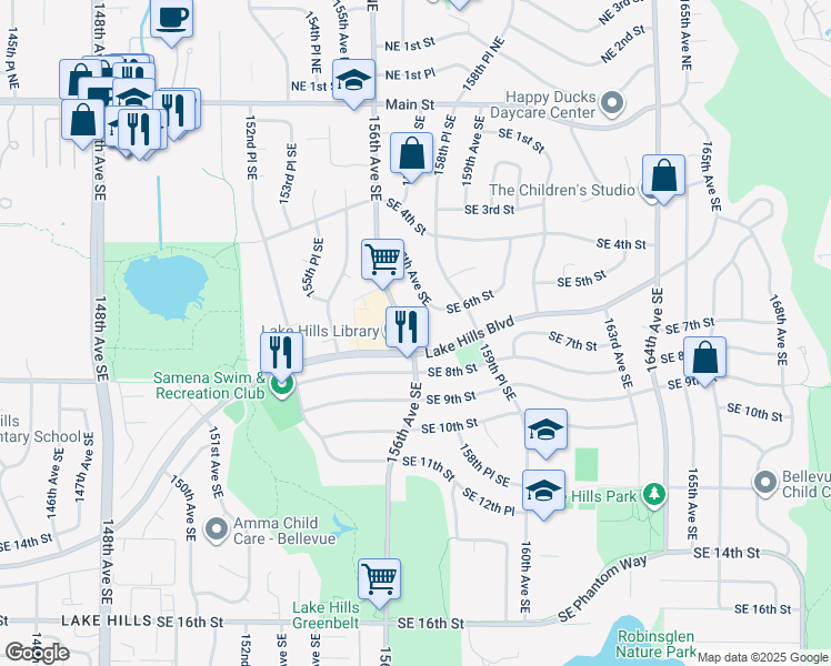 map of restaurants, bars, coffee shops, grocery stores, and more near 550 156th Avenue Southeast in Bellevue
