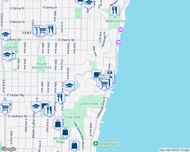 map of restaurants, bars, coffee shops, grocery stores, and more near 3521 East Alder Street in Seattle