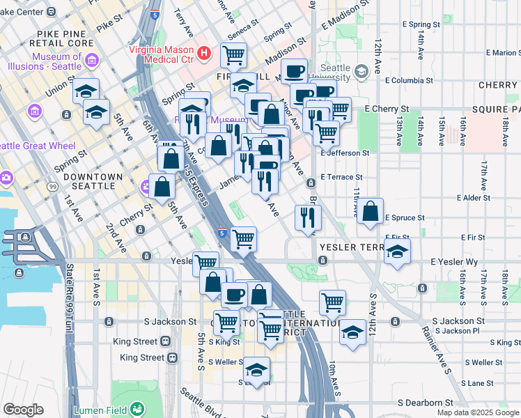map of restaurants, bars, coffee shops, grocery stores, and more near 325 9th Avenue in Seattle