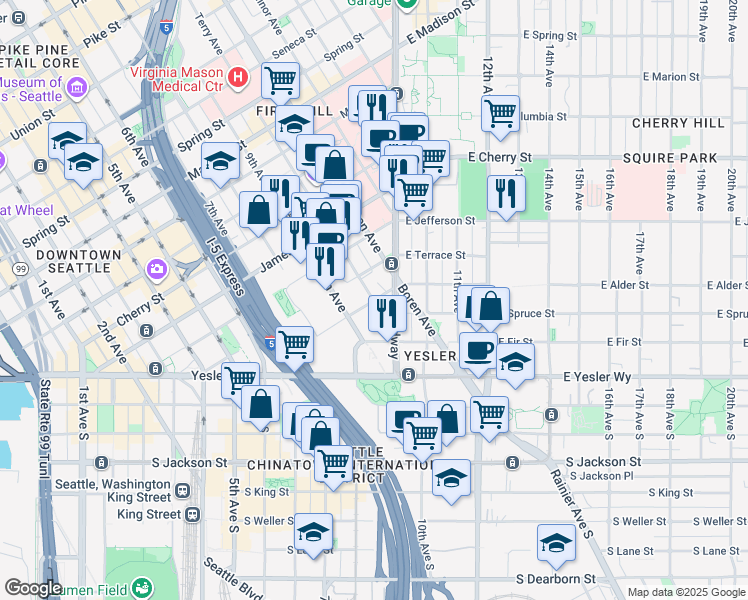 map of restaurants, bars, coffee shops, grocery stores, and more near 300 Terry Avenue in Seattle