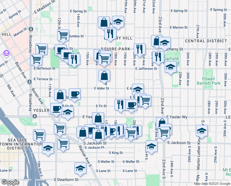 map of restaurants, bars, coffee shops, grocery stores, and more near 1815 East Alder Street in Seattle