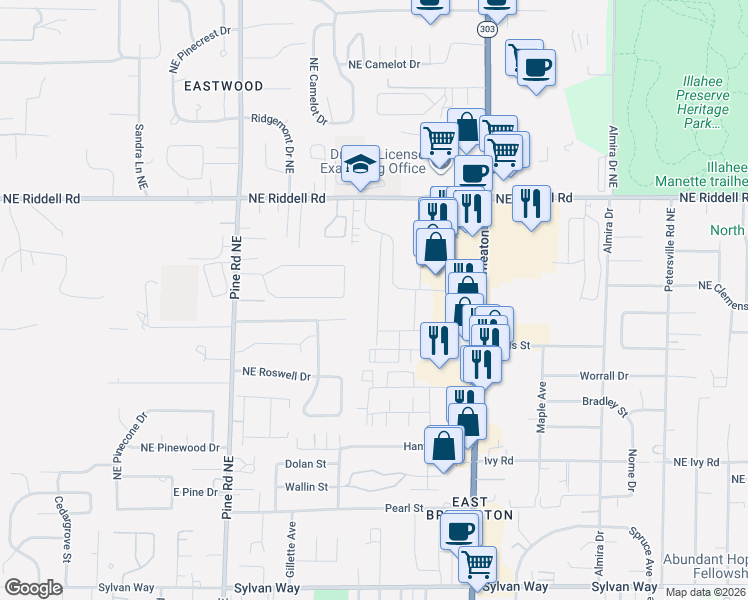map of restaurants, bars, coffee shops, grocery stores, and more near 530 Northeast David Drive in Bremerton