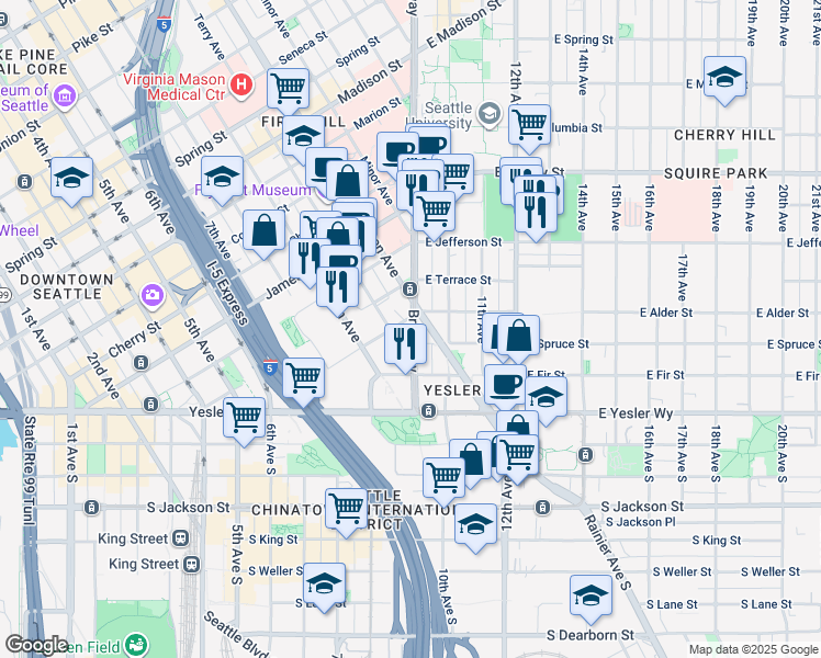 map of restaurants, bars, coffee shops, grocery stores, and more near 224 Broadway in Seattle