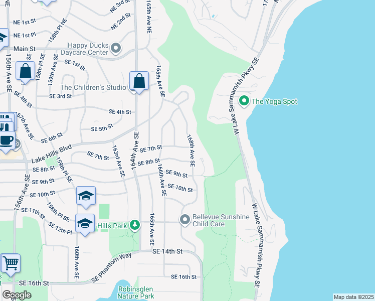 map of restaurants, bars, coffee shops, grocery stores, and more near 16653 Southeast 7th Street in Bellevue