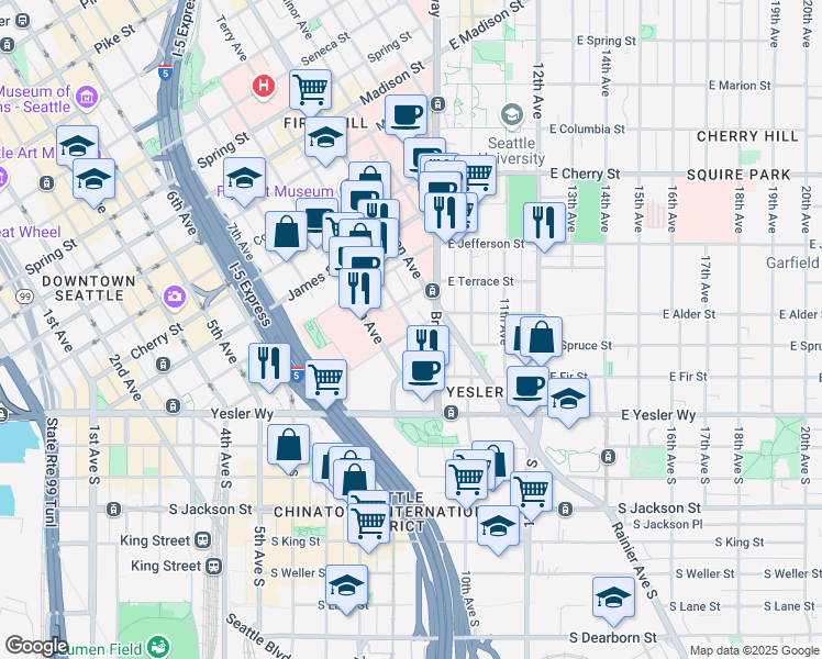 map of restaurants, bars, coffee shops, grocery stores, and more near 225 Terry Avenue in Seattle