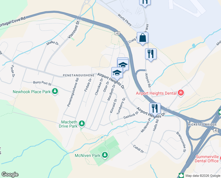 map of restaurants, bars, coffee shops, grocery stores, and more near 12 MacBeth Drive in St. John's