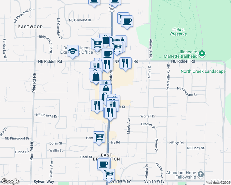 map of restaurants, bars, coffee shops, grocery stores, and more near 4212 Wheaton Way in Bremerton