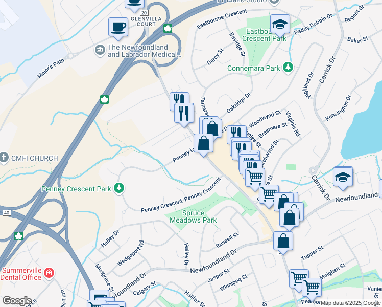 map of restaurants, bars, coffee shops, grocery stores, and more near 1 Penny Lane in St. John's