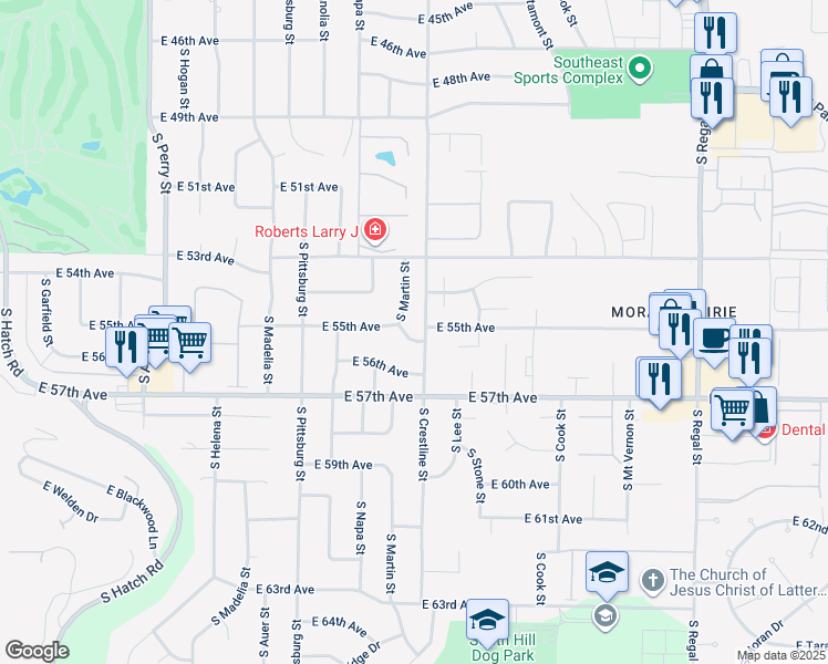 map of restaurants, bars, coffee shops, grocery stores, and more near 2025 East 55th Avenue in Spokane