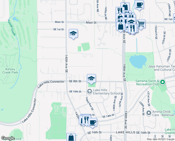 map of restaurants, bars, coffee shops, grocery stores, and more near 14317 Southeast 6th Street in Bellevue
