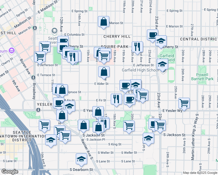 map of restaurants, bars, coffee shops, grocery stores, and more near 212 17th Avenue in Seattle